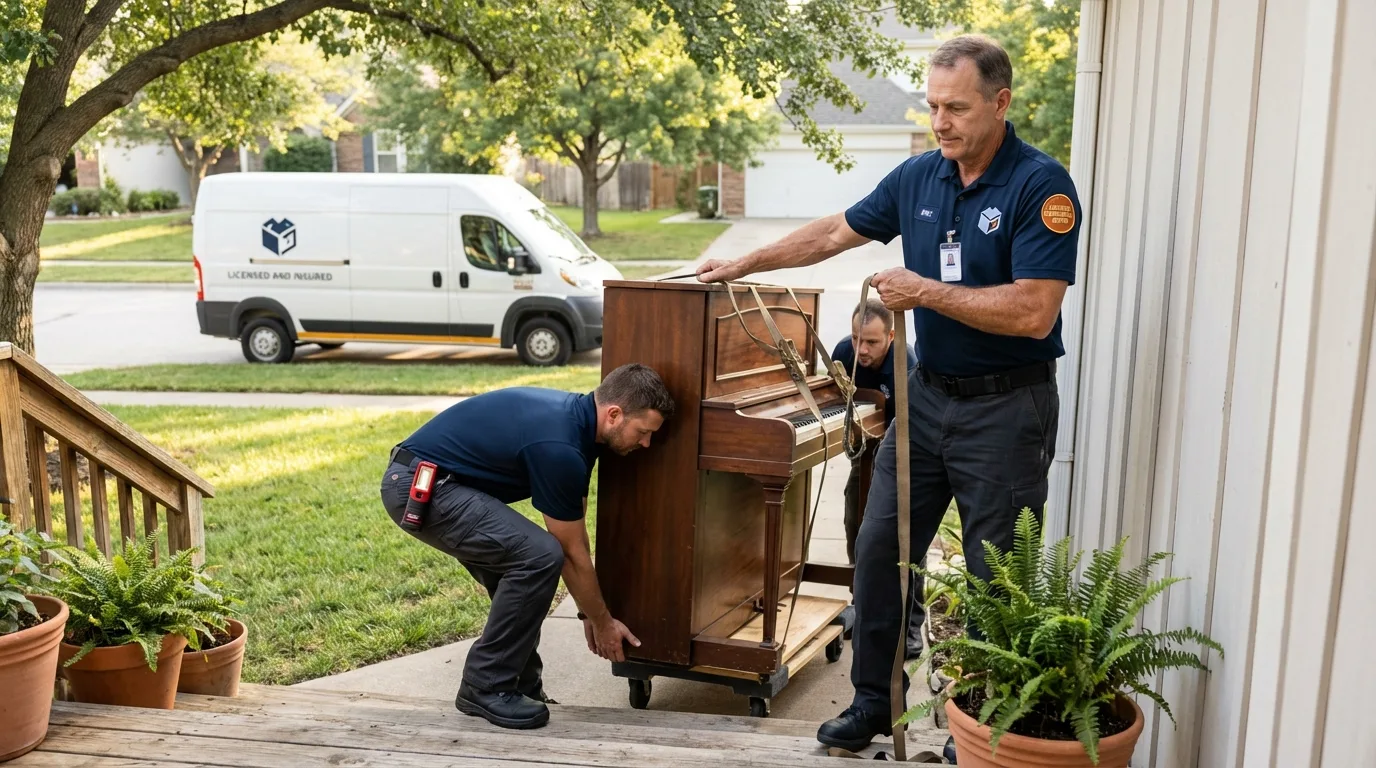 Licensed piano movers securing grand piano in Mount Gilead, OH