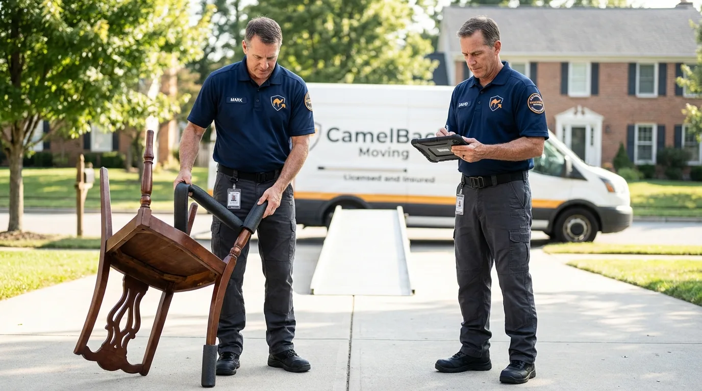 Movers inspecting furniture for damage prevention before loading in Mount Gilead, OH